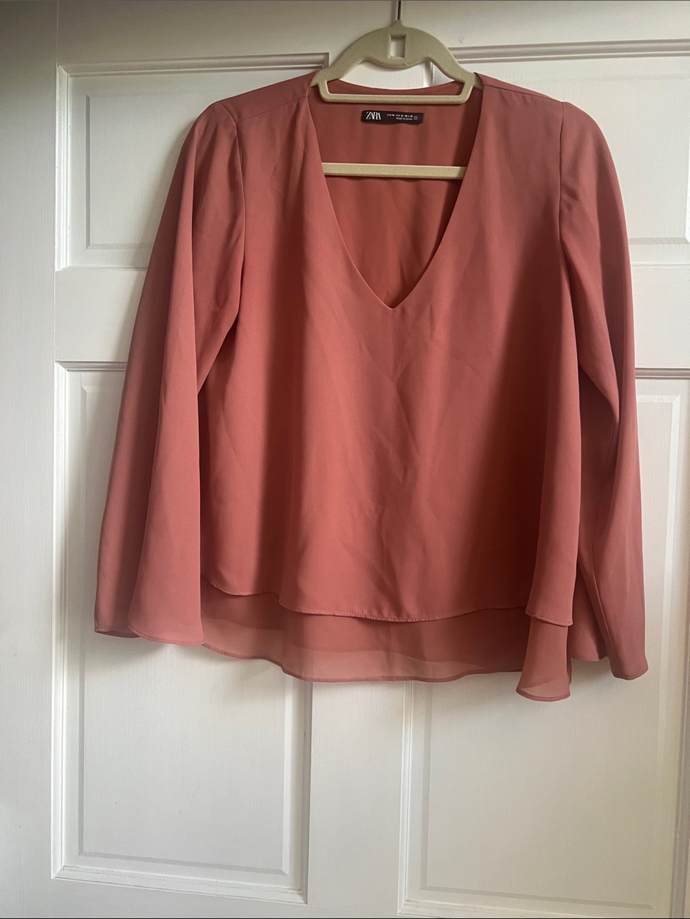 Zara Rose-Pink V-Neck Layered Chiffon Blouse